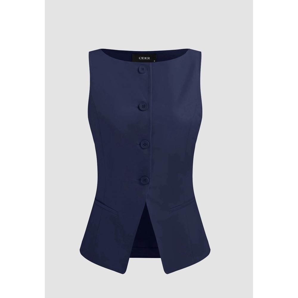 Cider Navy Top Woven Boat Neck Solid Button Vest Size XS Work Casual